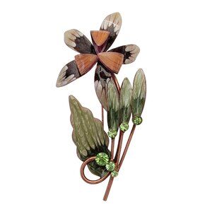 Copper Enamel Stemmed Flower Green Rhinestones Statement Brooch E928